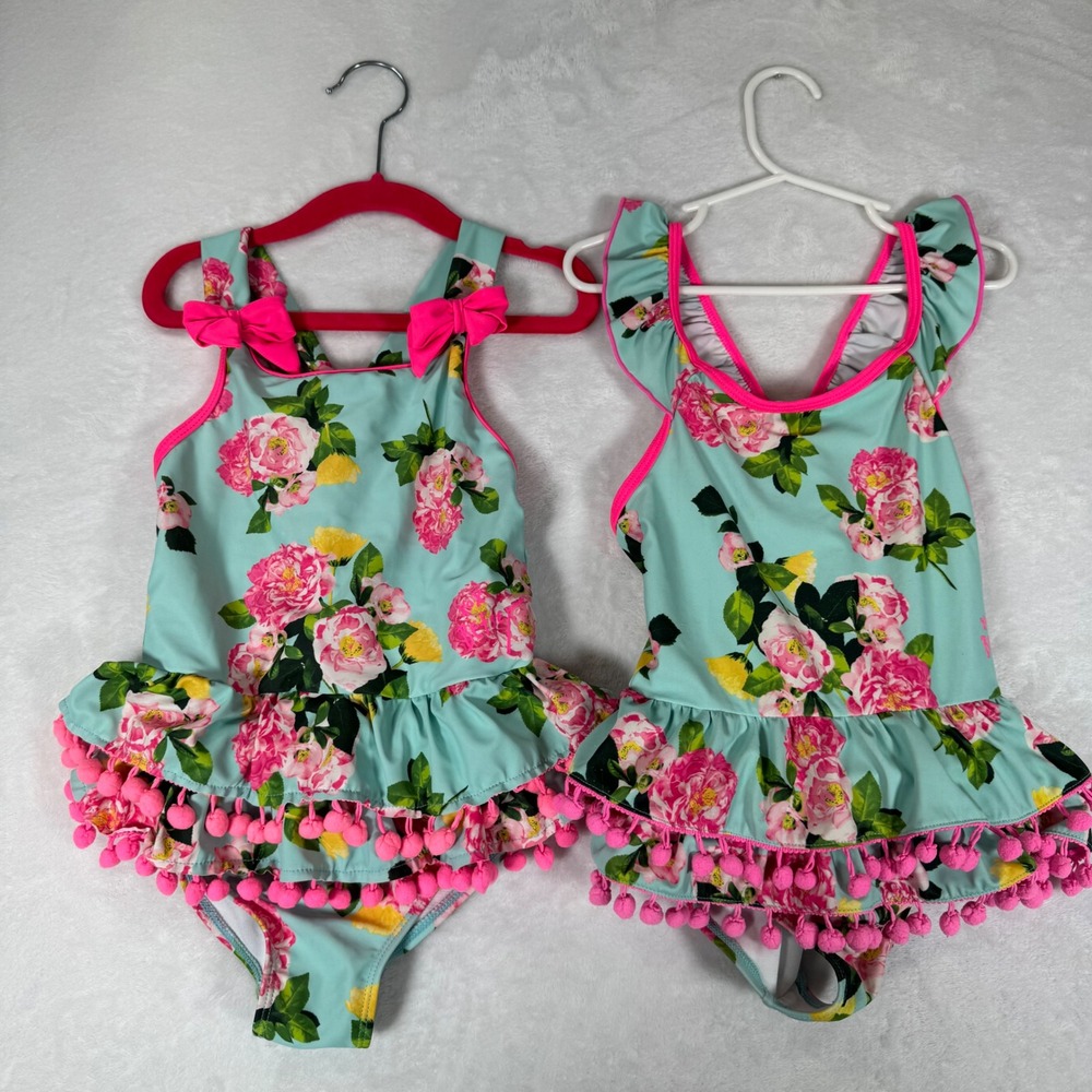Betsey Johnson Swimsuit Girls 6X Lot of 2 Pink Floral Pom Pom Ruffle Swimwear
